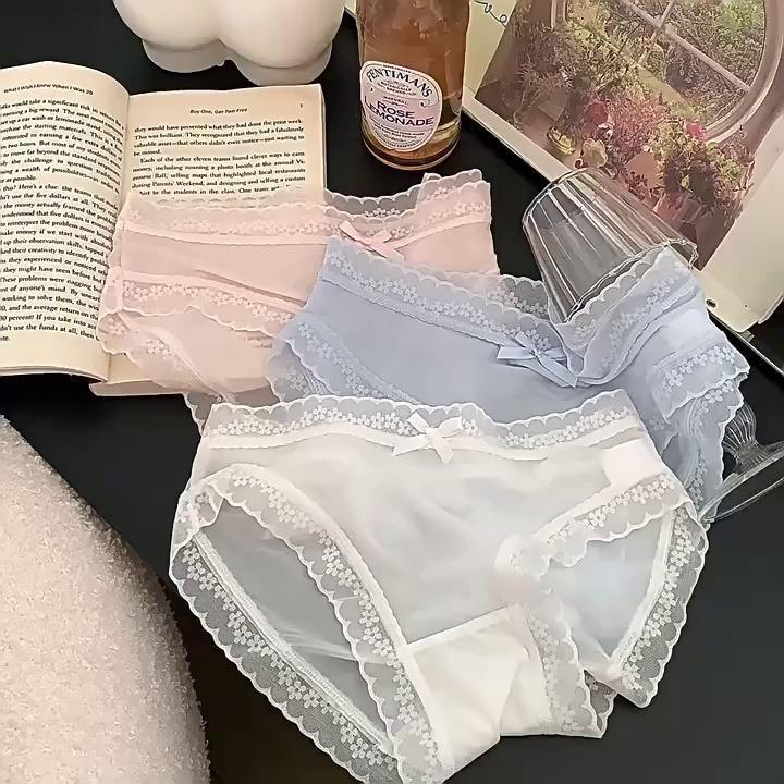 Set 5 Quần Lót Nữ Su Lụa Tàng Hình Viền Ren Đính Nơ, Phong Cách Hàn Quốc QL9119 Women Tua Rua Tua Rua 5