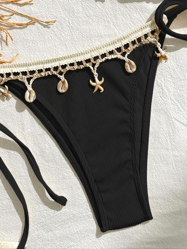 Women's Solid Color Starfish & Conch Decor Halter Triangle Bikini Set, High Stretch Casual Fashion Tie Back Backless Swim Top & Tie Side Swim Bottom, Ladies Swimsuit for Beach Holiday Vacation 8