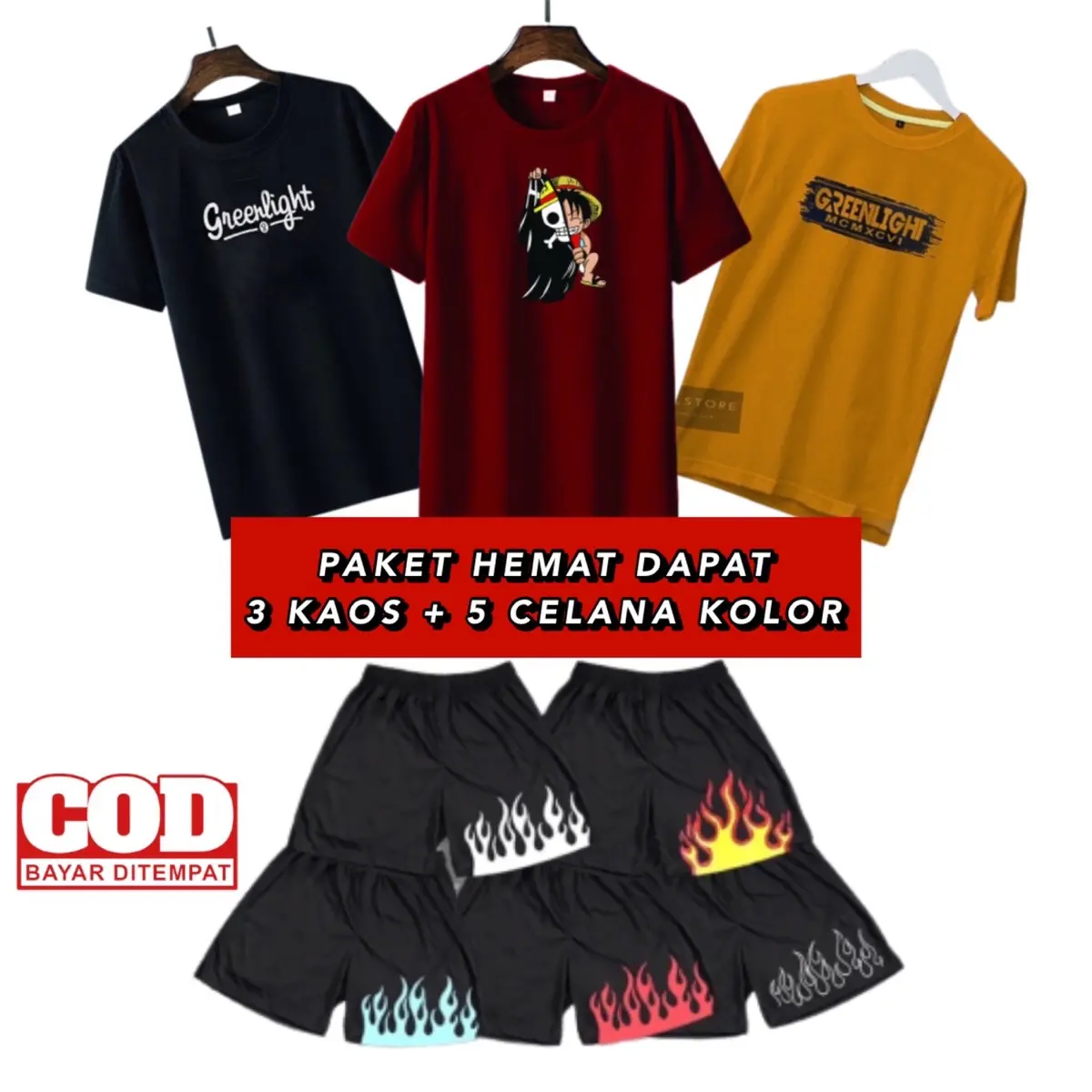 Setelan Pria Hemat 3 Kaos + 5 Celana Kolor Sablon Pendek Dewasa