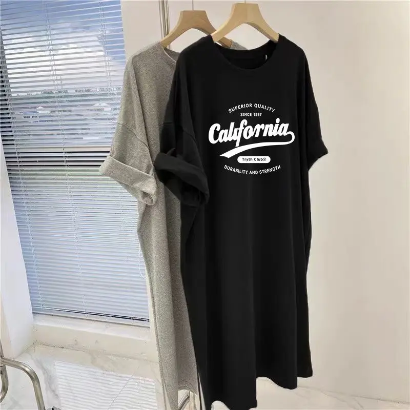 Black Letter Print Dress Female 2024 New plus Size Thin and Covered Belly Summer Loose Long T-shirt Skirt