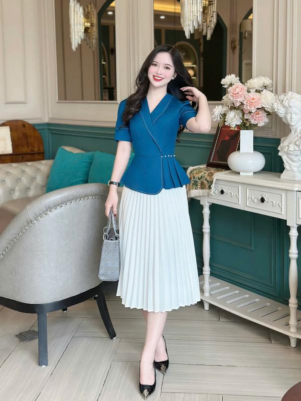 Áo peplum thiết kế Nhật Vy cổ vest tay ngắn chiết eo chất lụa công sở dự tiệc - D3210 3
