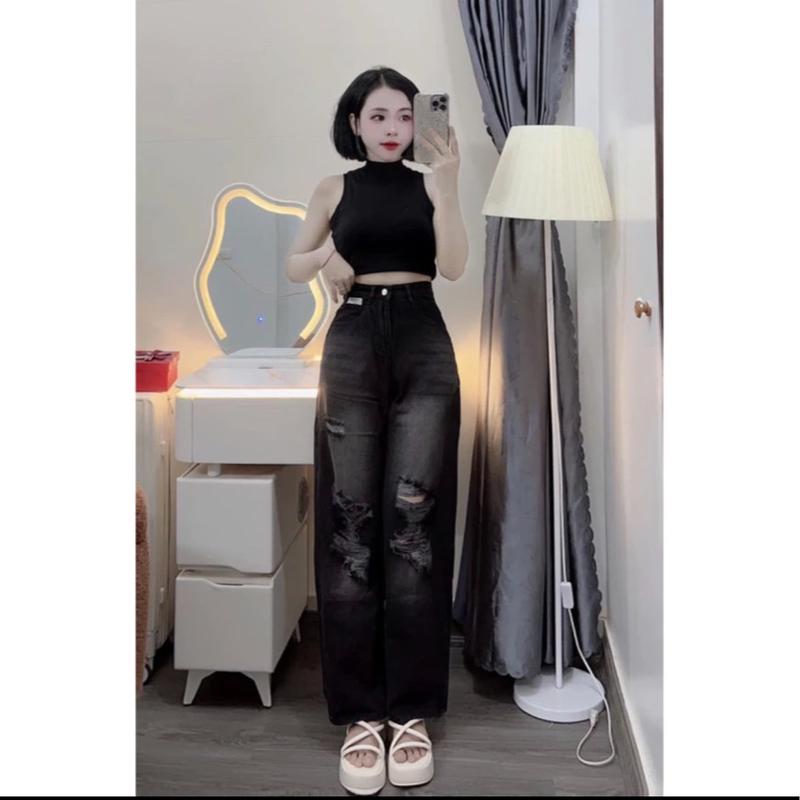 QUẦN ỐNG RỘNG NỮ 664 RÁCH TE TUA CẠP SIÊU CAO KHÔNG CO DÃN,                               . Jean Ong Pants Women