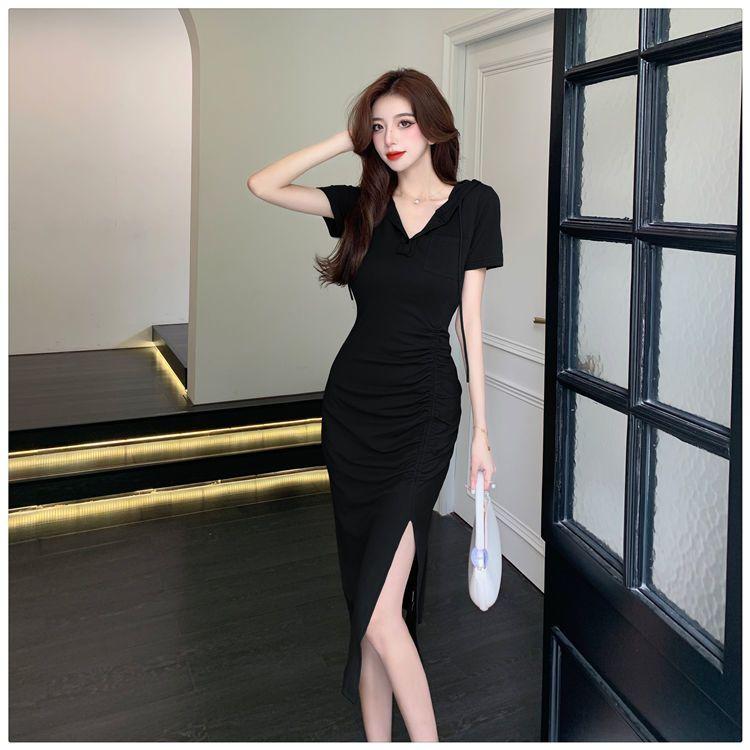 Product Introduction of Casual new style fashionable split mid length hooded skirt with women's summer temperament, waist cinched short sleeved drawstring dress 16