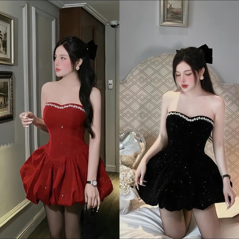 VÁY NHUNG KIM TUYẾN CUP ĐÍNH VIỀN ĐÁ  Dress Women Nữ Voi