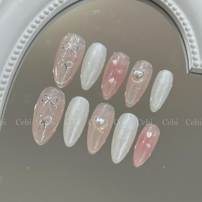 Móng úp thiết kế C911 ombre hồng đính trái tim nơ coquette dễ thương