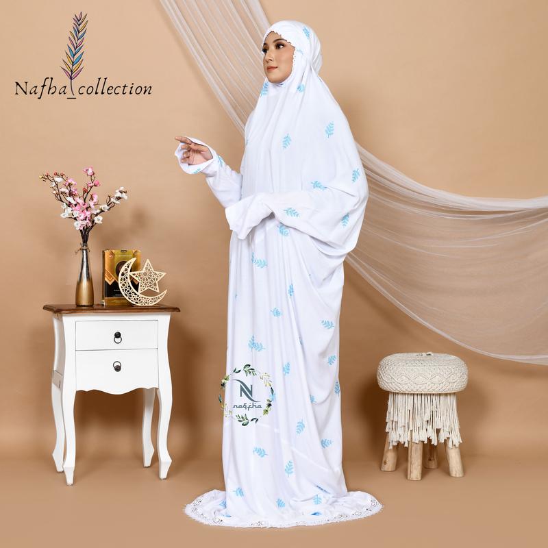 NAFHA - Mukena Terusan Dewasa Nafha Bordir Daily Tropical Katun Mukenah Rayon Wanita Muslim Putih Traveling Panjang 6