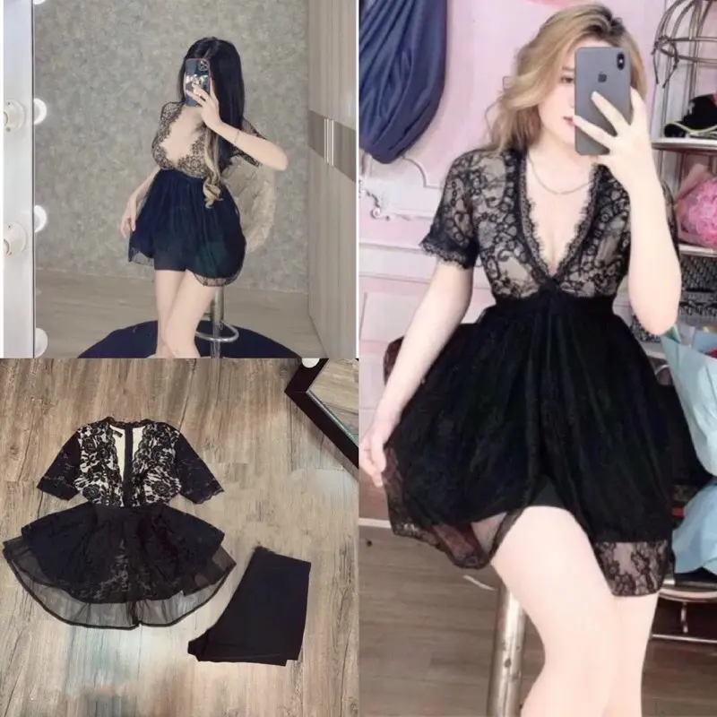 ￼[ẢNH THẬT] SET ĐẦM REN CỔ V TAY NGẮN XẾP TẦNG KÈM QUẦN ĐÙI SEXY