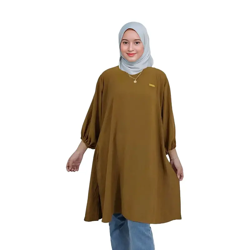 Atasan tunik crinkle polos tangan rempel karet 3/4 kancing belakang 0