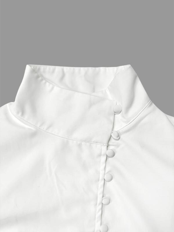 Women's Plain Button Front Puff Sleeve Blouse, Elegant Long Sleeve Stand Collar Top for Spring & Fall, Ladies Clothes for Daily Wear 5
