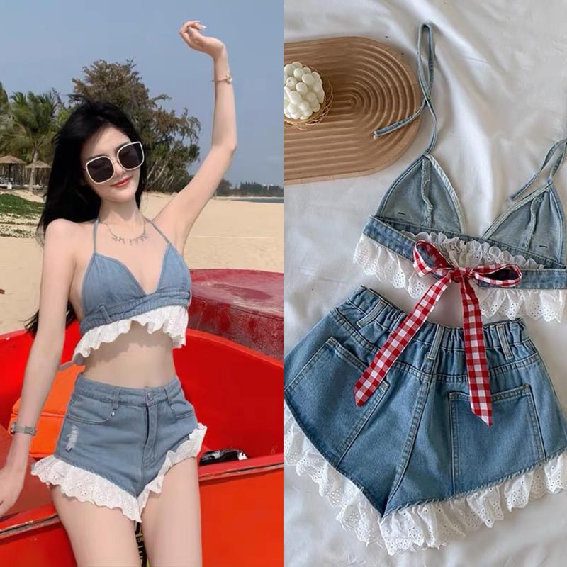 Sét Đi Biển Bigsize 60kg 80kg 2 Món Áo Cột Nơ Phối Quần Đùi Phối Ren Có thể giặt bằng máy Nữ Jean Denim