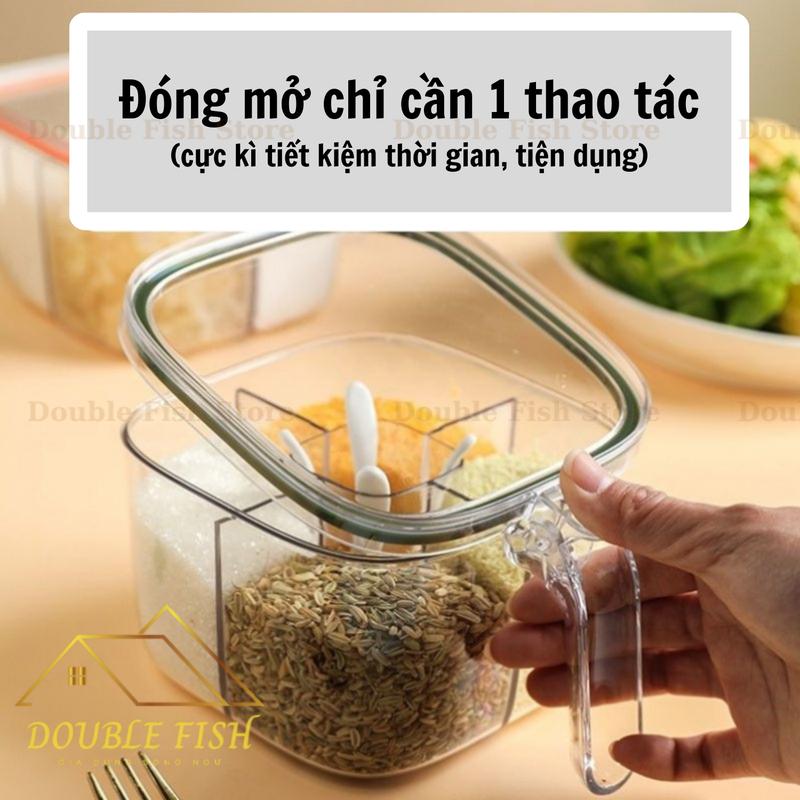Hộp đựng gia vị 4 ngăn riêng biệt, chống ẩm ướt | Hũ gia vị chia ngăn có nắp đậy kèm thìa tiện lợi HD01 | Double Fish 3
