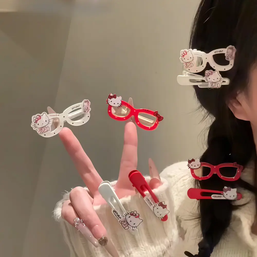 Kẹp Mỏ Vịt Mèo Sanrio KT, Kẹp Bên Trái Tim Nữ Tính Kẹp Tóc Mái, Phụ Kiện Tóc Ngọt Ngào 1 Đôi