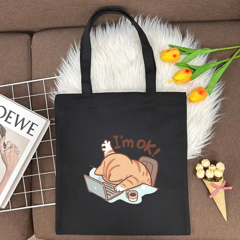 Túi tote nữ in hình mèo cute - Túi vải canvas có khoá kéo và túi phụ đi học, đi chơi - TOTE11 - Bag Chữ Nhật Đeo Vai 7