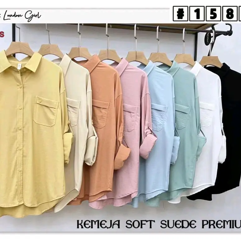 Kemeja Polos Wanita Variasi Kantong Bahan Soft Sued Brand London Girl & Ai Mi Li Santai Hitam Putih Polos Crew Neck Putih