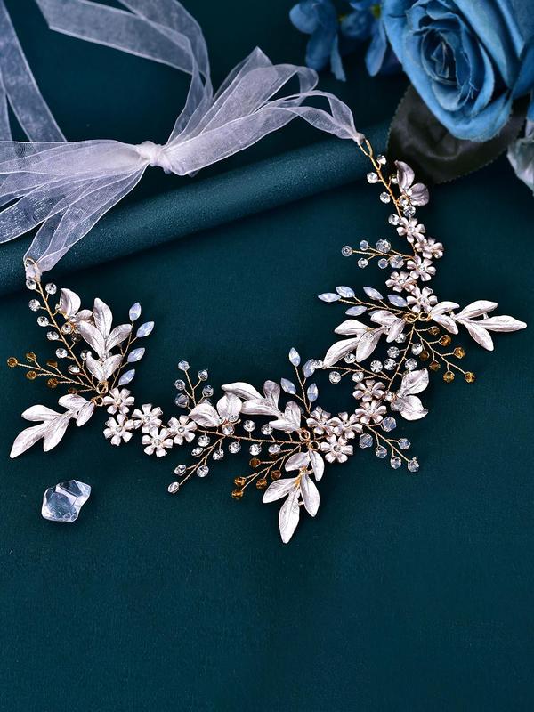 Women's Elegant Rhinestone Decorated Headwear,  Exquisite Trendy Flower & Leaf Design Headwear, Fashionable Hair Accessories for Wedding Party 5
