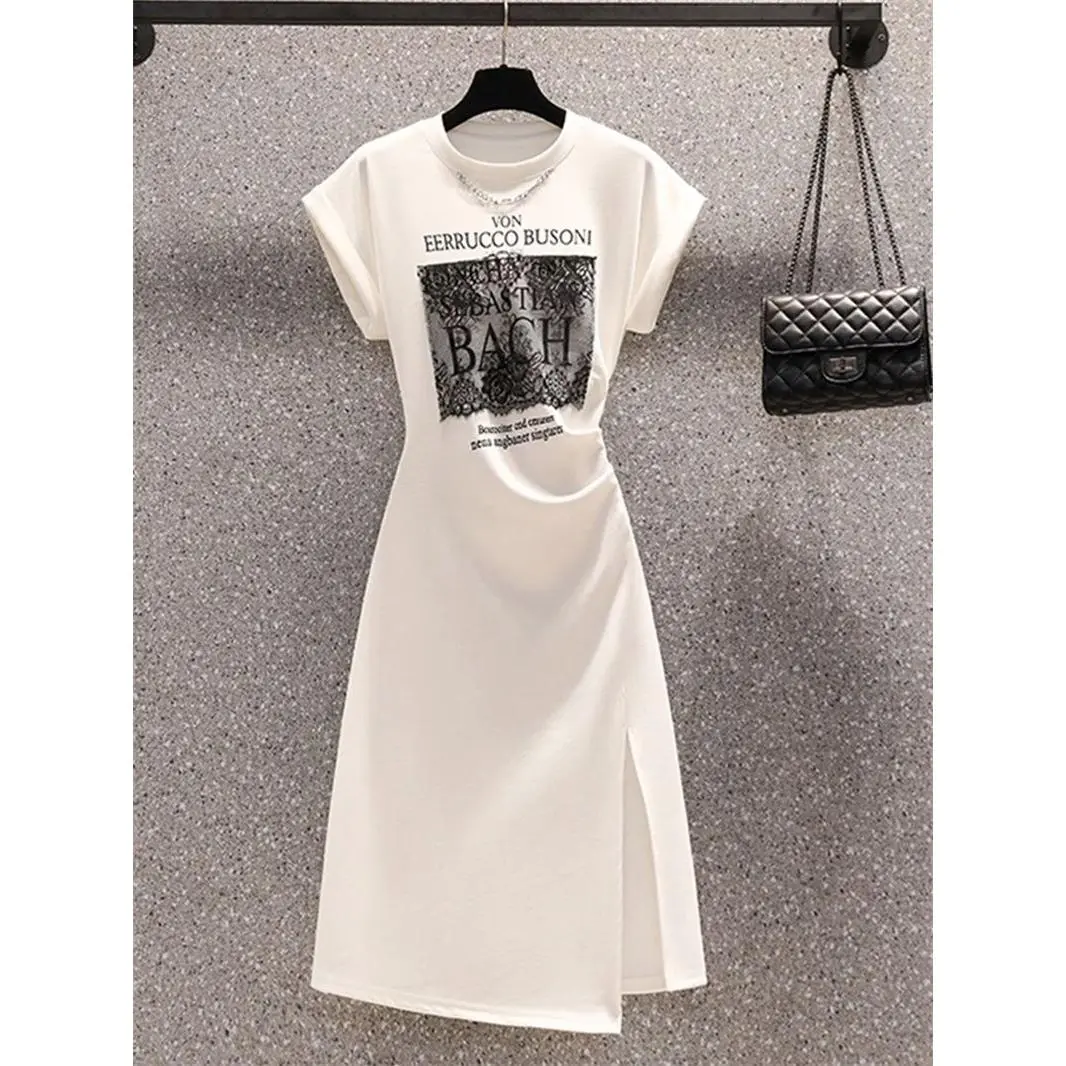 Váy Xếp Ly In Chữ Xẻ Tà, Phong Cách Dễ Thương Và Gợi Cảm, Cổ Thuyền ngắn Tay, Váy Midi, Eo Thon, Thích Hợp Cho Mùa Hè 2024