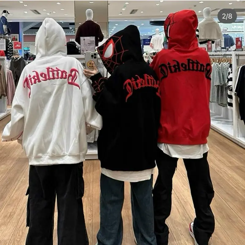 Áo khoác in nhện dây kéo đến nón trùm đầu.chất thun dày mềm mịn, mát, form to bự 80kg Nam Menswear Hoodie Dài Tay Đen Kem 1