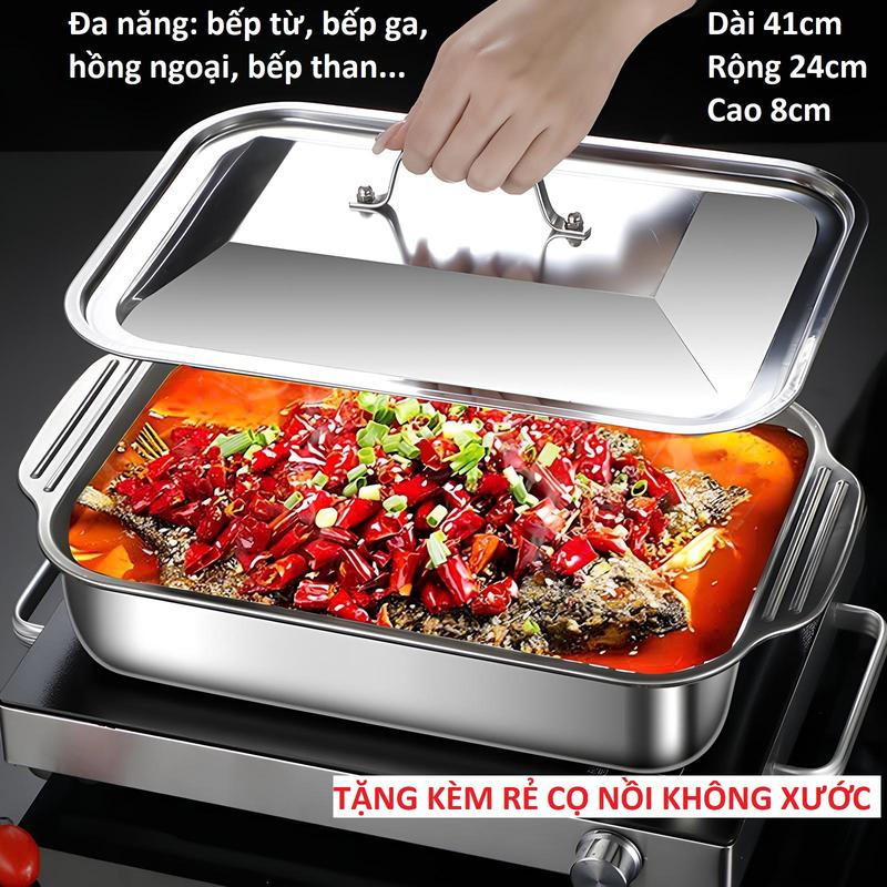 [Loại 1 620g] Nồi Inox Đa năng Hình Chữ Nhật - Không gỉ có Nắp Đậy [TẶNG RẺ CỌ] cao cấp Dài 41 cm và cao 8cm Nồi inox đa năng cho mọi loại bếp Mẫu 2025