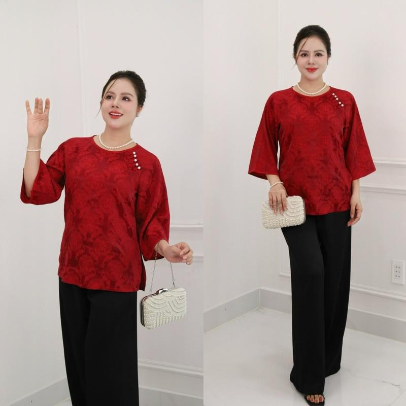 Set đồ bà ba, Set đồ trung niên, Set đồ kiểu cho các bà, các mẹ, áo sơ mi, quần dài, chất gấm tô châu CC38 Nữ Women Top