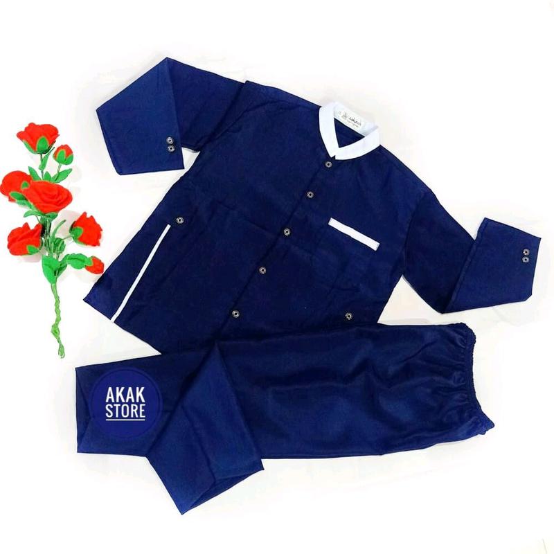 Baju koko anak Laki Laki Setelan usia 4-12 Tahun Hitam Muslim Kain Katun Panjang Kancing Celana 4