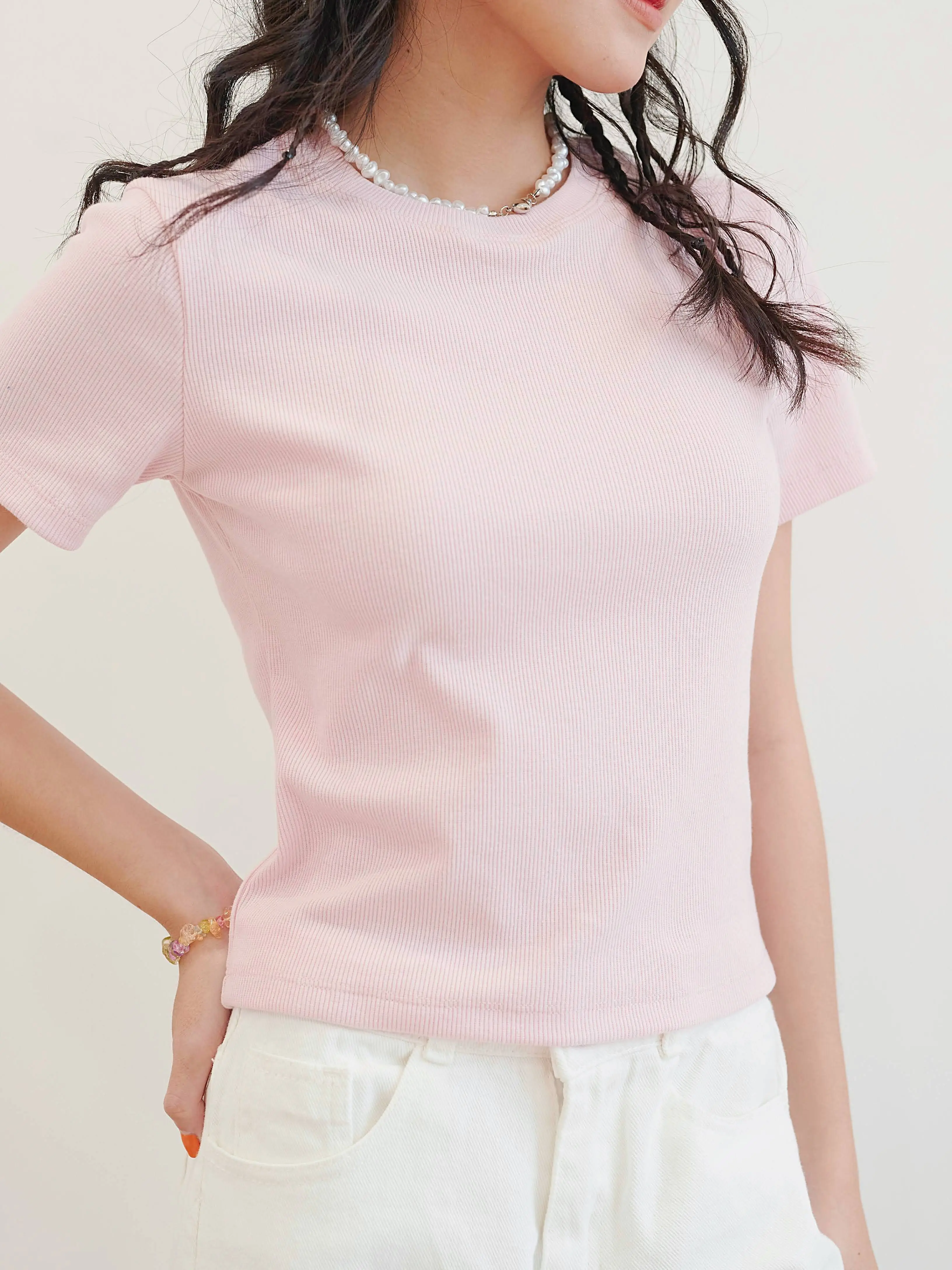 Vein Top - Áo thun gân nữ Nhiên vintage phông thoáng mát mùa hè AT97. Women Cổ Tròn Trắng