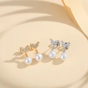 Anting Tusuk Liontin Mutiara Titanium Lapis Emas Kristal Aksesoris Wanita Perhiasan Anti Karat LM402