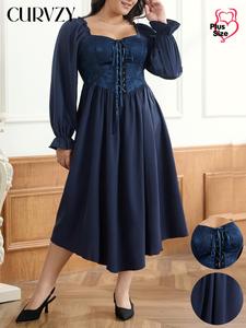 CURVZY Plus Size Floral Jacquard Lace Up Flounce Sleeve Dress, Elegant Sweetheart Neck A Line Dress for Party Holiday Wedding Guest, Women's Clothes for Spring & Fall