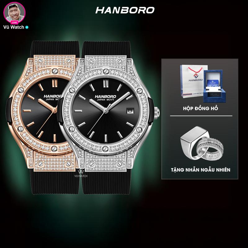 Đồng Hồ Nam HANBORO WATCH HU.B máy PIN Bản full hạt 9220 [3638] | Tặng 1 chiếc nhẫn
