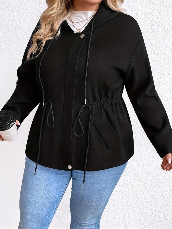 Plus Solid Drawstring Button Front Zip Up Hooded Jacket, Fashion Casual Pocket Drop Shoulder Outerwear for Daily Wear, Women Plus Clothing for Spring Fall 0