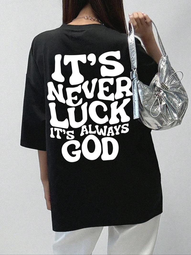 Product Introduction of Women's Letter Print Drop Shoulder Tee, Casual Half Sleeve Round Neck T-shirt, Women's Top for Summer Daily Wear 2