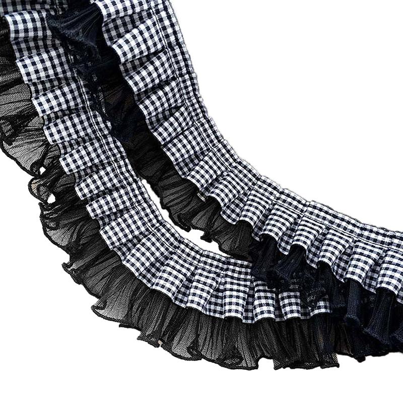 Product Introduction of Ren Kẻ Sọc, Rộng 7Cm, Trắng Và Đen, Ruy Băng Satin, Dây Buộc Xếp Ly Viền Ren Thêu, Bán Trong 1 Sân 18