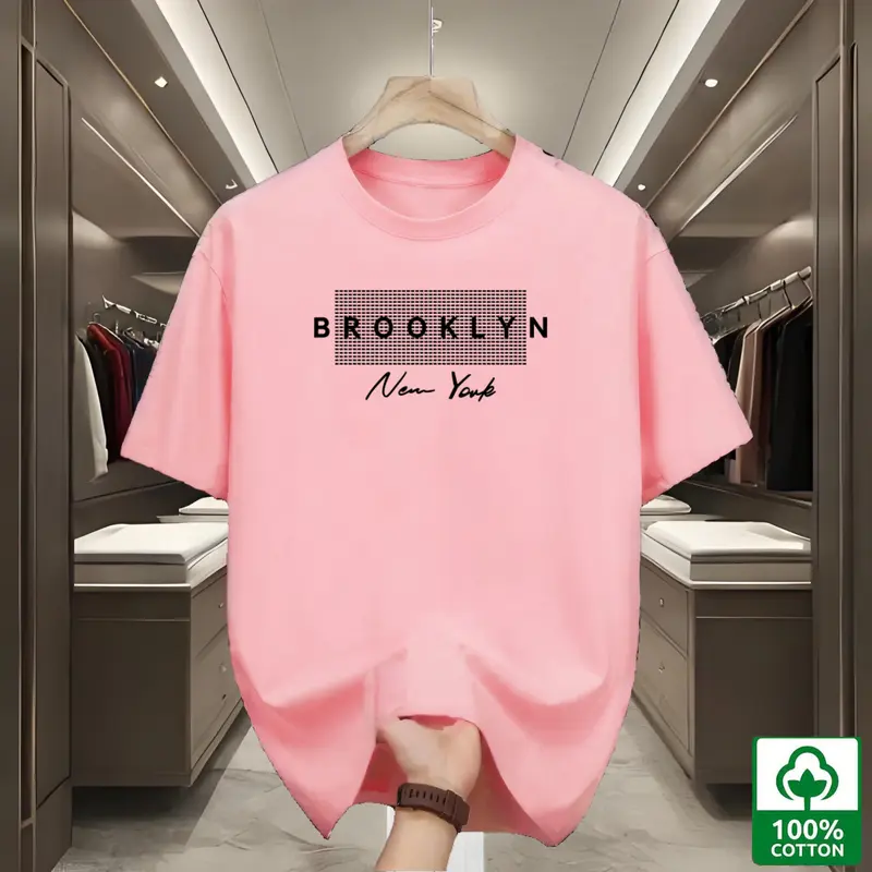 Áo Thun Cổ Tròn Thời Trang Nam, 100% Cotton, ngắn Tay Thoải Mái Và Thoáng Khí, Phong Cách Dễ Phối Đồ Thường Ngày Thích Hợp Cho Mùa Hè, Cỡ M-XL, Ngoại Cỡ, Có Màu Xanh Lá Cây, Hồng, Tím Và Trắng, In " NewYork " 7