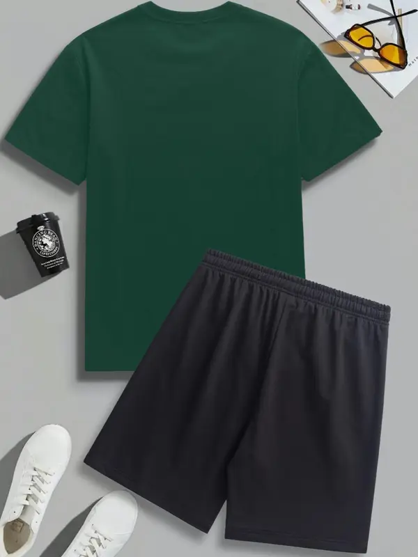 Two-Piece Set Men's Letter Print Tee & Shorts, Regular Fit Round Neck Short Sleeve T-Shirt & Track Shorts, Casual Summer Clothes Set for Outdoor 6