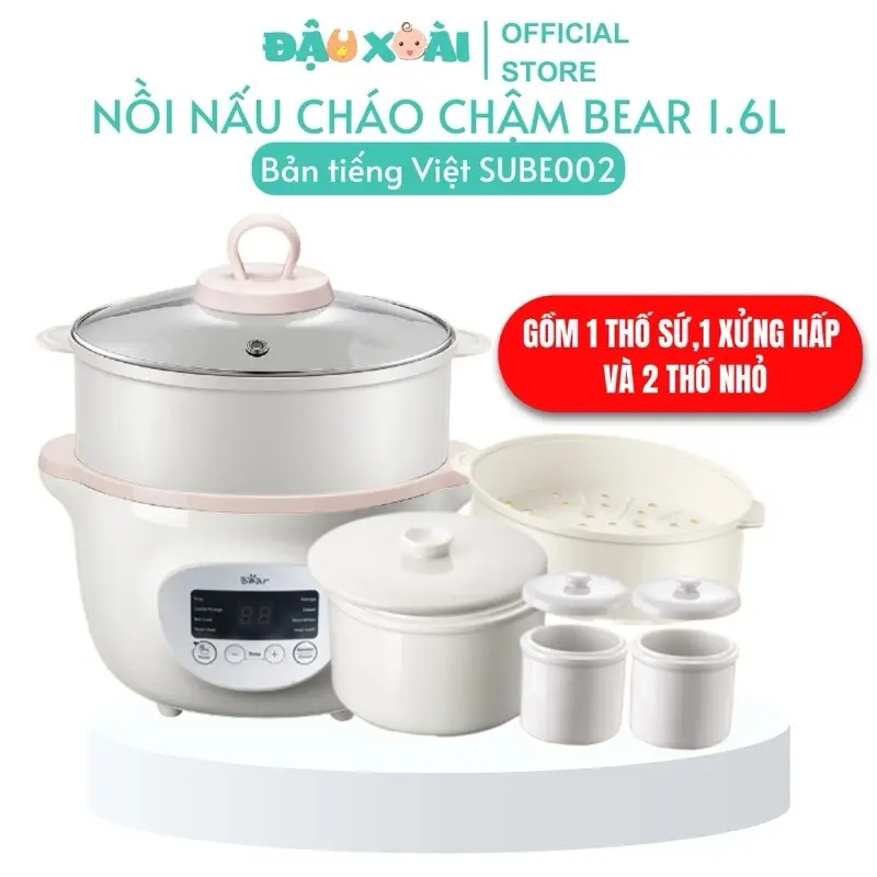 Nồi Bear 1.6l nấu cháo chậm ăn dặm cho  bé (1 thố to, 2 thố nhỏ) 1