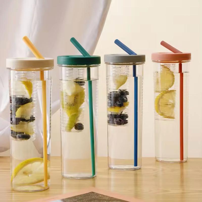 Bình Nước Detox Trong Suốt Dung Tích 700ml Có Ống Hút Tiện Dụng có thể gập lại, có ngăn đựng trái cây 0