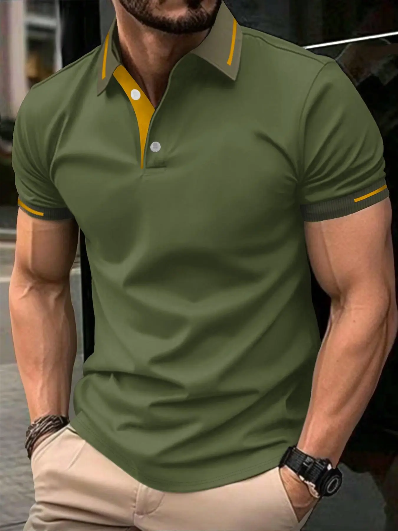 【Plus Size】 Men's Regular Fit Contrast Trim Polo Shirt, Casual Short Sleeve Button Front Top for Summer, Fashion Men's Clothes for Daily Wear