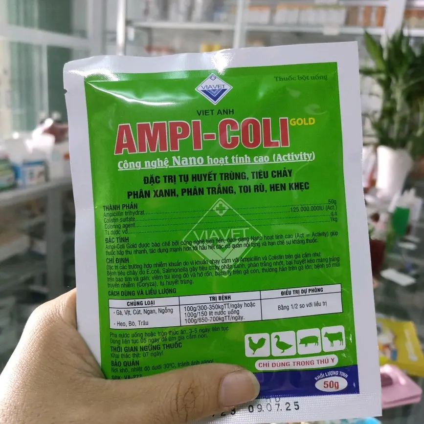 Ampi-Coli gold gói 50g đặc trị tụ huyết trùng, tiêu chảy, phân xanh, phân trắng, toi rù, hen khạc