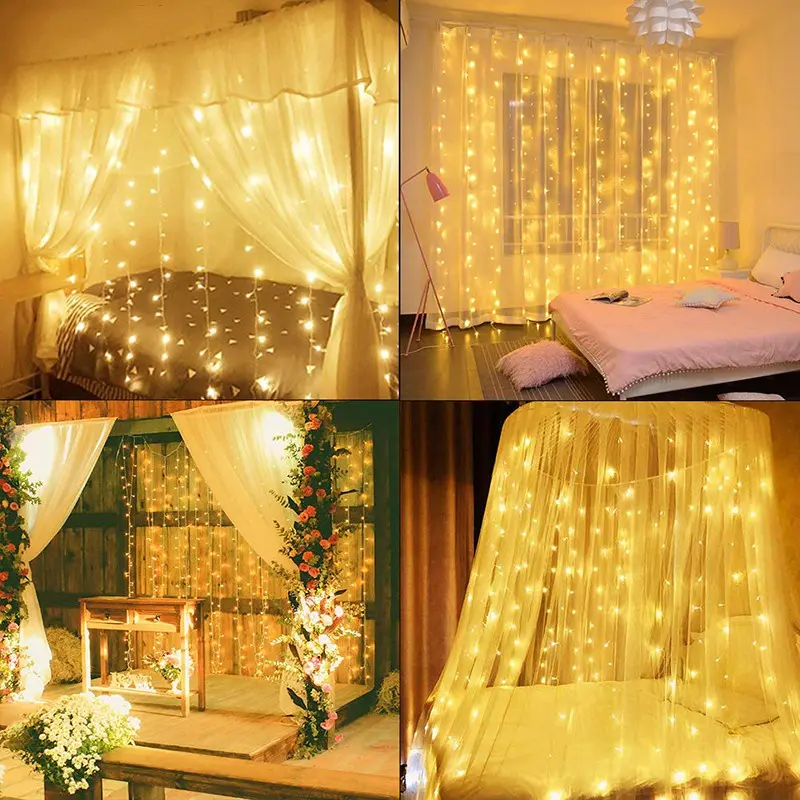 Rèm Đèn Ngoài Trời Icicle, 3Mx3M, 300LED, Dây Đèn Lãng Mạn Để Trang Trí Đám Cưới Và Giáng Sinh, Với Điều Khiển Từ Xa 13 Phím, Nguồn Điện USB 7
