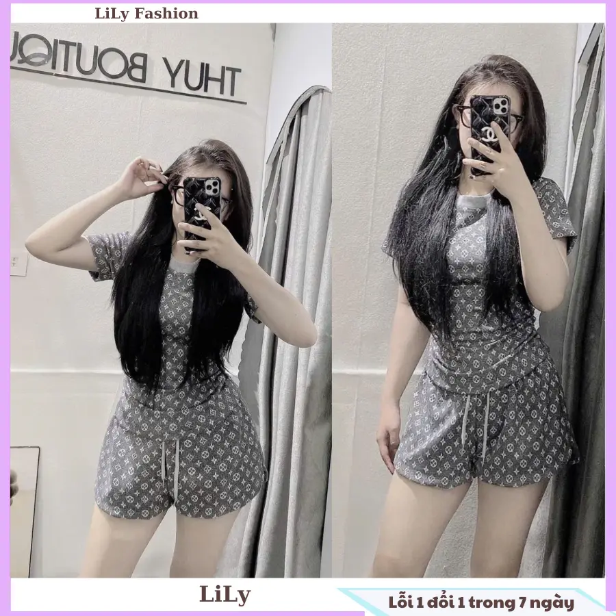 Set bộ quần áo thun nữ hoạ tiết hoa mà ghi xám có nhúm eo tôn dáng EV XÁM