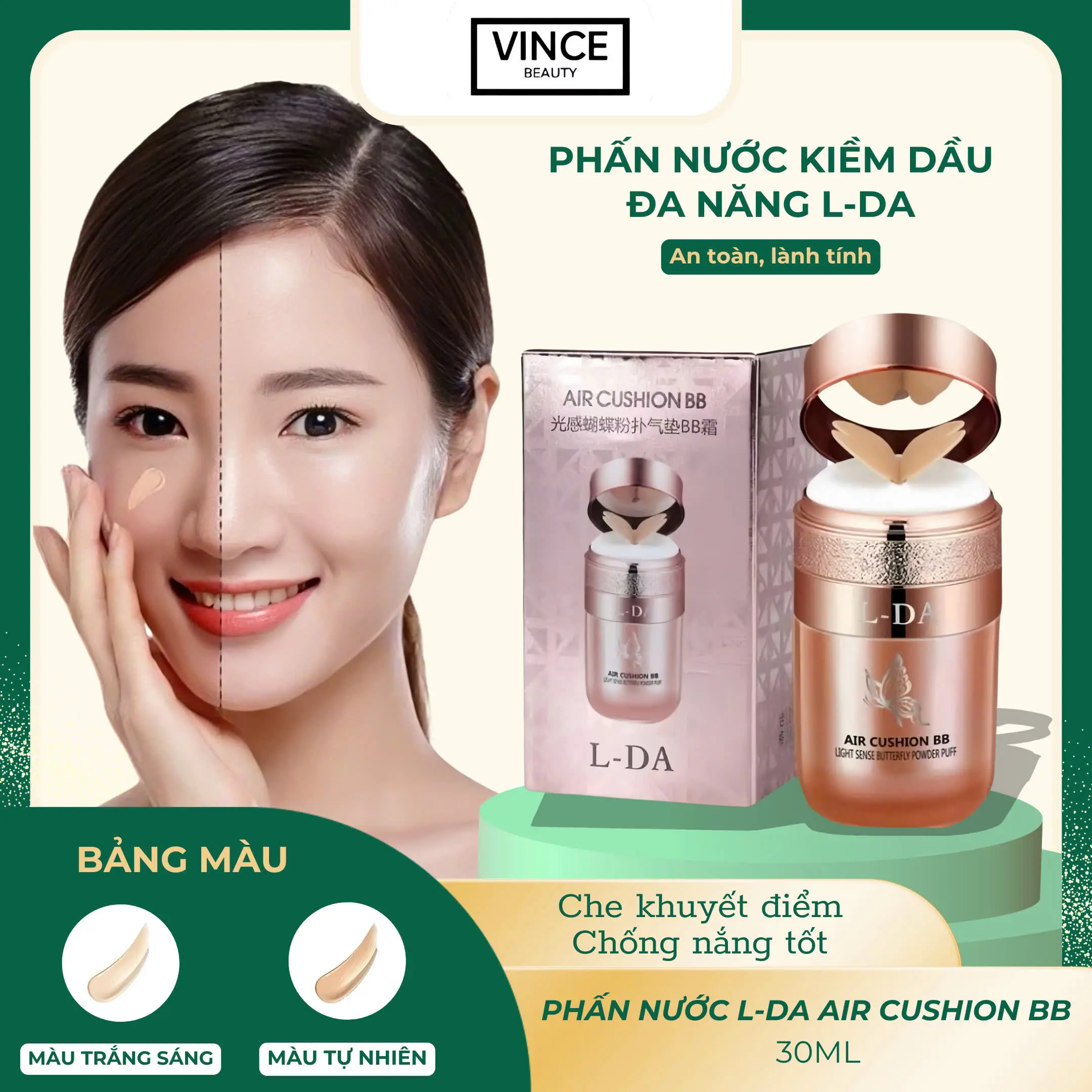 (TẶNG BÔNG MÚT) Phấn Nước Air Cushion BB Cream Hỗ Trợ Che Khuyết Điểm Chống Nước Chống Mồ Hôi Lâu Trôi L-DA 30ml