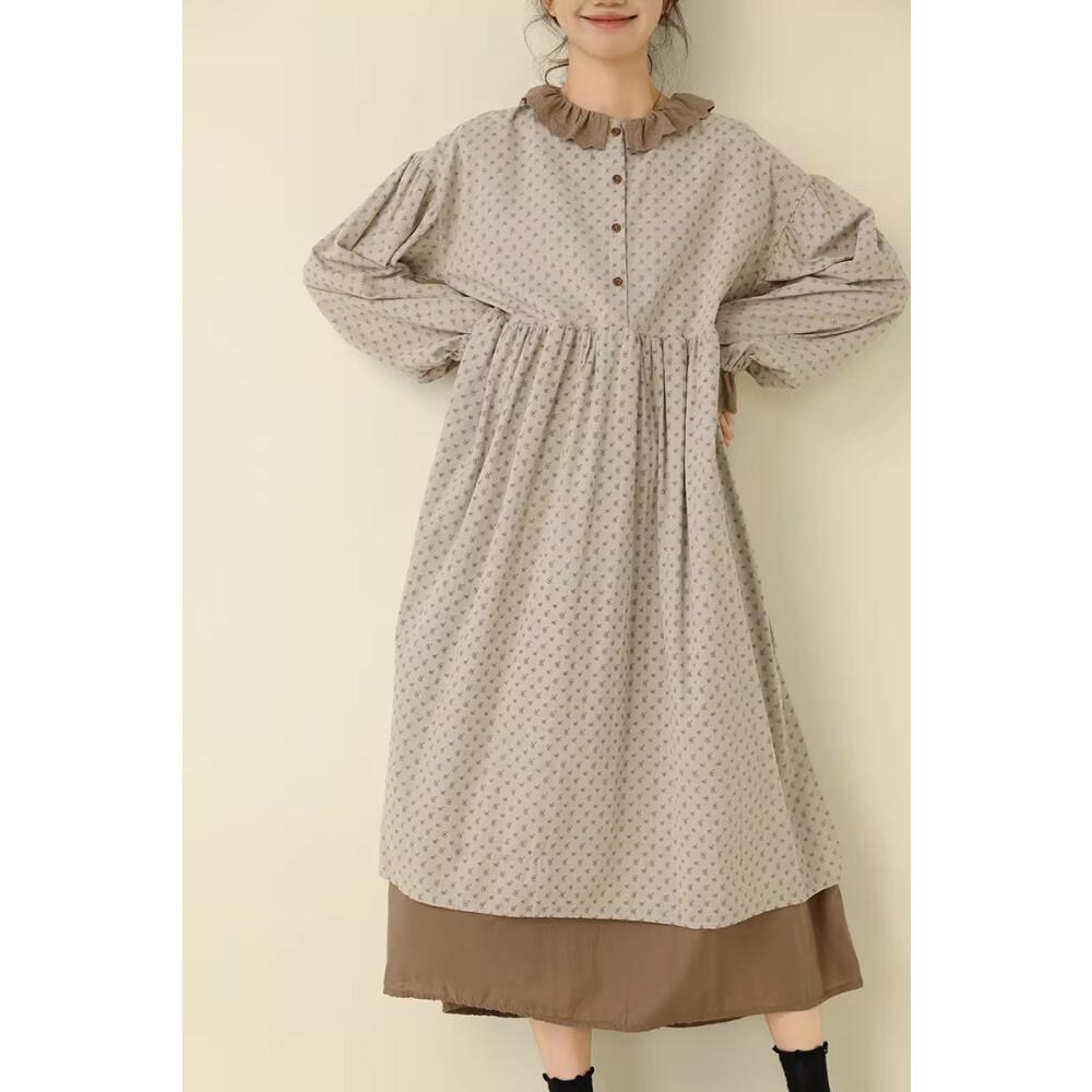 CHICMORE Gaun Manis Kerah Setengah Terbuka Bermotif Bunga Lengan Panjang