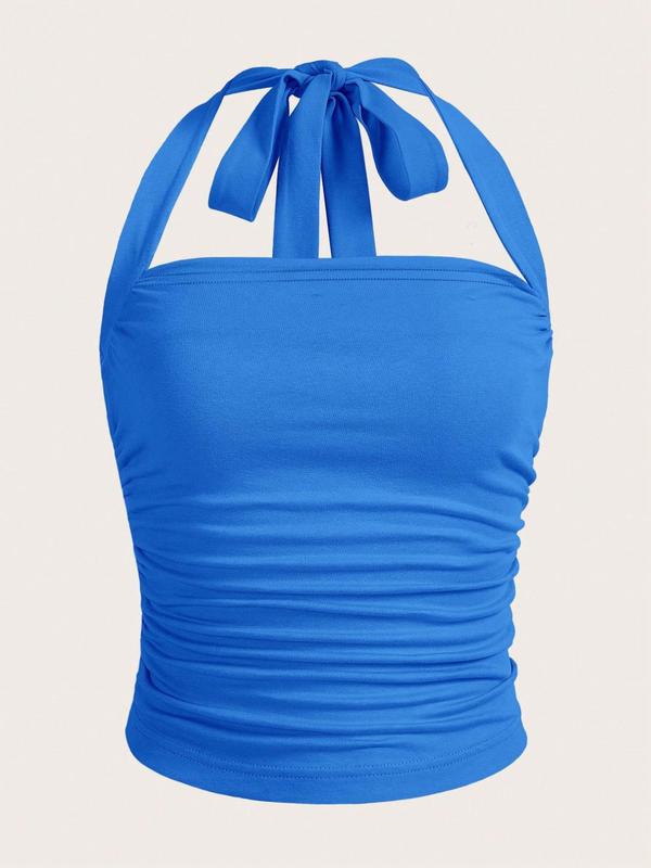 Women's Solid Ruched Halter Neck Backless Crop Top, Summer Clothes, Going Out Top, Holiday Outfits, Casual Elegant Sleeveless Tie Back Top for Summer, Ladies Clothes for Daily Wear 2