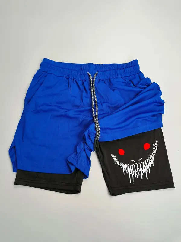 Men's Creepy Smile Face Print 2 in 1 Double Layer Drawstring Waist Gym Shorts, Casual Comfortable Breathable Quick Drying Pocket Shorts for Summer, Men's Bottoms for Workout Fitness Running 5