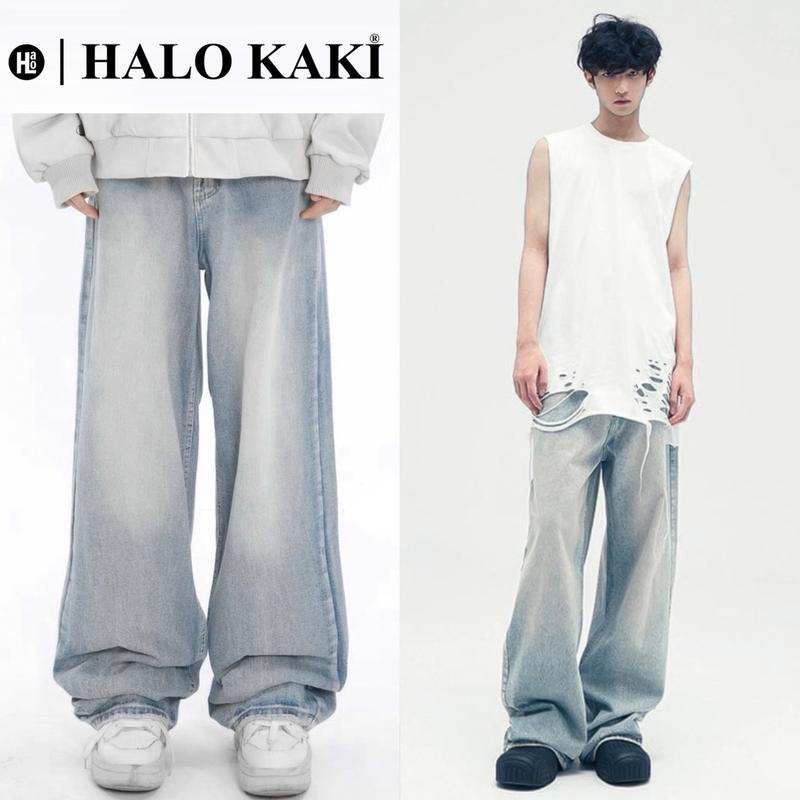 XANH TRẮNG MÂY - JEANS WASH  FORM ỐNG RỘNG PHỦ GÓT CHÙM GIÀY PHONG CÁCH Y2k HALO KAKI Denim Pants Baggy Có Túi Nam Menswear Quần
