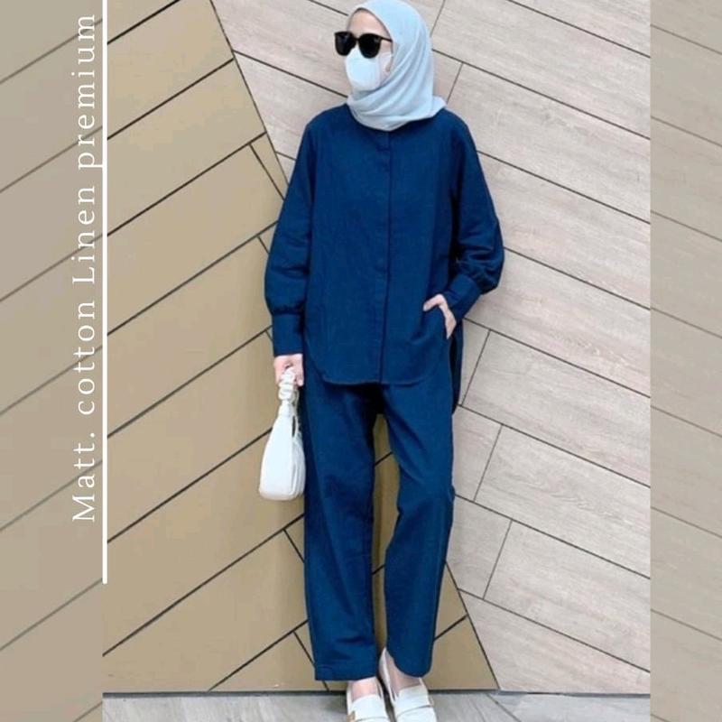 Sandara setelan/sabrina setelan/setelan linen rami/setelan polos/READY STOCK Baju Celana Kancing Muslim Wanita Kulot Dewasa Katun Panjang 4