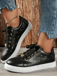 Fashion Studded Decor Lace Up Low Top Sneakers, Casual Comfortable Breathable Quilted Design Skate Shoes, All-match Round Toe Shoes for Women