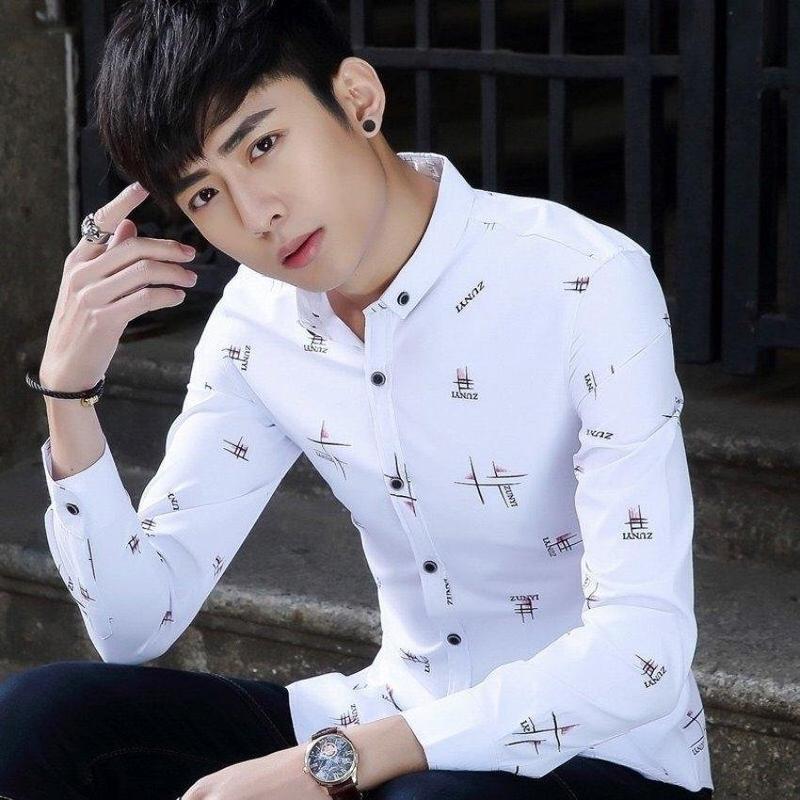 Áo sơ mi nam dài tay Hàn Quốc Thêu Chữ  thời trang trẻ trung Form ôm body Menswear Shirt Có Cổ