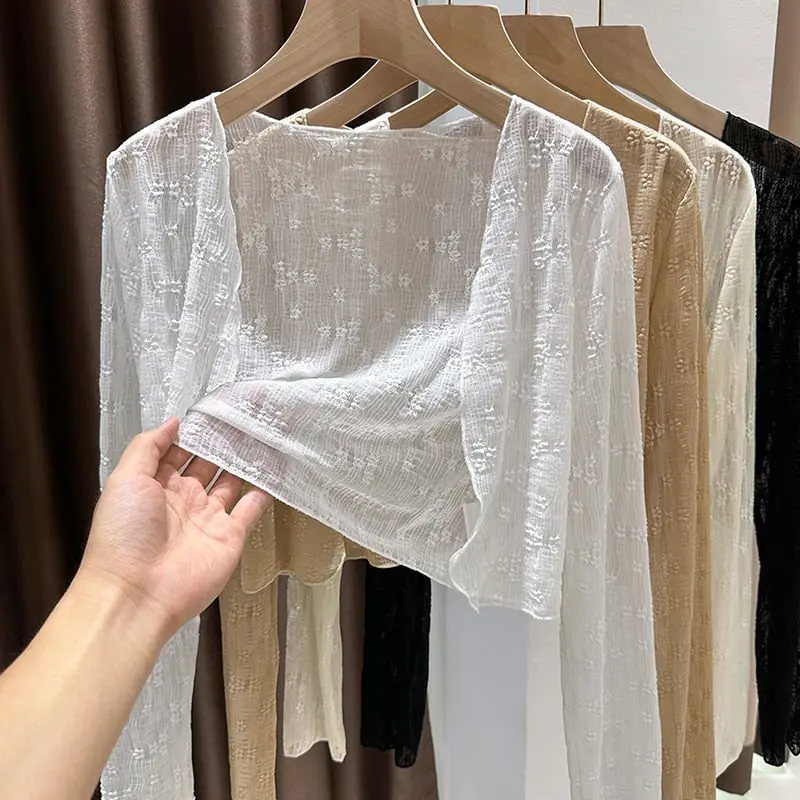 Áo khoác Trơn nữ, áo khoác nữ ren mỏng hoa nổi tay dài dáng croptop phong cách Hàn quốc A23,A24