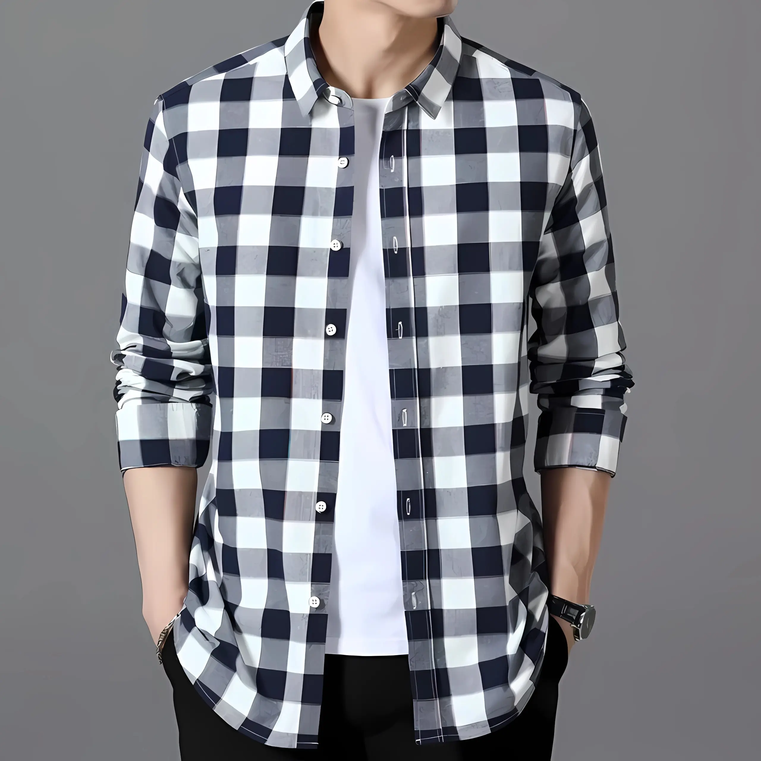 Kemeja Flannel Kemeja Pria Lengan Panjang V-Neck Slim-fitting Casual Kain Lembut Motif Semi Nyaman Kotak Distro Hitam
