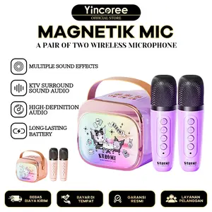 Yincoree Speaker Karaoke Anak Sanrio Mini Portable Bluetooth 6.0 dengan 2 Mikrofon Nirkabel & Lampu Pelangi Hadiah Natal Ulang Tahun